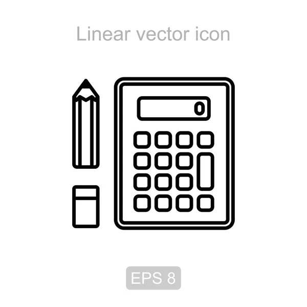 Calculadora, lápis e borracha. Ícone vetorial linear . —  Vetores de Stock