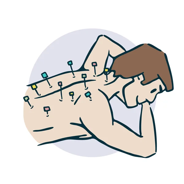 Chlap drží jehly akupunkturní Stikere — Stockový vektor