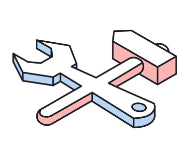 İngiliz anahtarı ve çekiç doğrusal izometrik simgesi