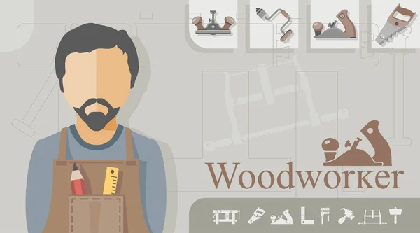 Trabajador de madera con herramientas manuales — Vector de stock