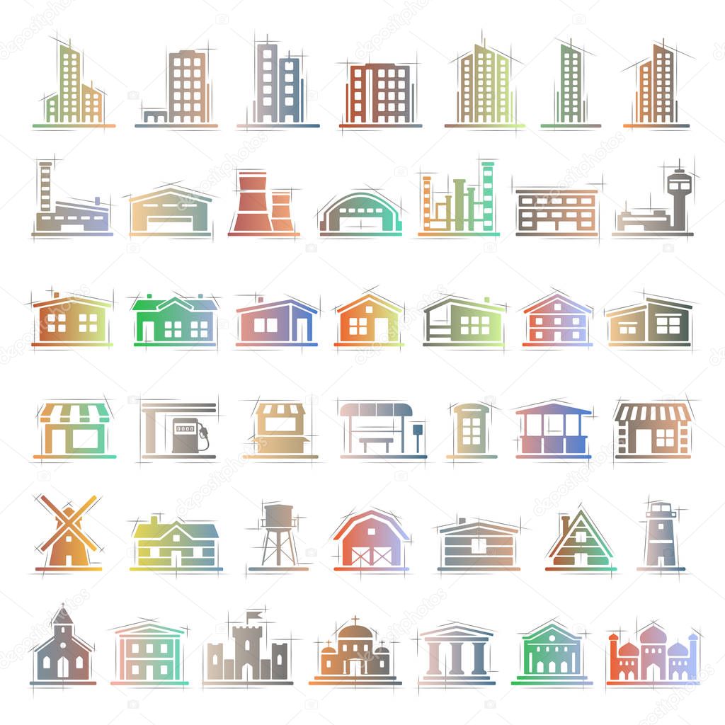 Set of forty two buildings gradient icons