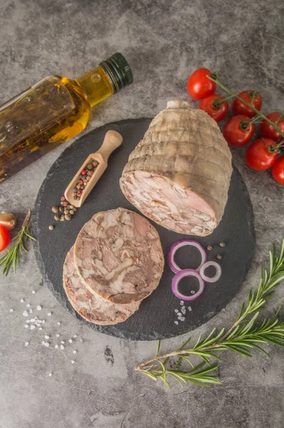 Brawn Pressed Pressed Piece Meat Cut Black Slate Top View — Stock Photo, Image