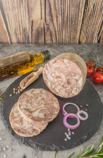 Headcheese Pressed Piece Meat Cut Black Slate Вид Сбоку Специями Стоковое Фото