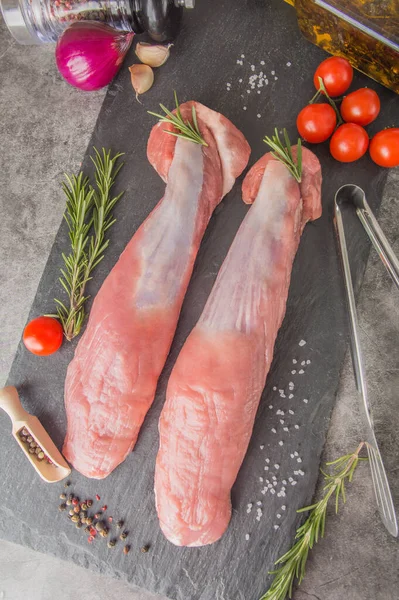 Filet Porc Cru Tranches Viande Non Coupées Avec Texture Fibres — Photo