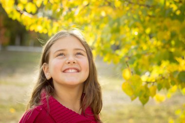 sonbaharın kırmızı kazaklı uzun saçlı esmer kız bırakır