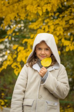 esmer kızla sarı sonbahar bir mahallede hafif bir ceket bırakın