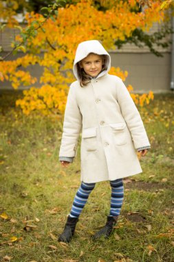 esmer kızla sarı sonbahar bir mahallede hafif bir ceket bırakın