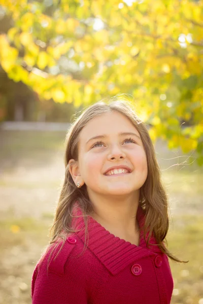Brunetka dziewczyna z długimi włosami w czerwonym swetrze jesienią liści — Zdjęcie stockowe