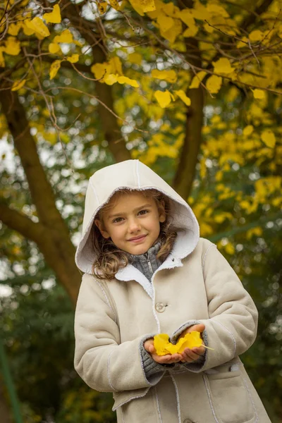 Brunette girl in a light coat with a hood in yellow autumn leave — Stock Photo, Image