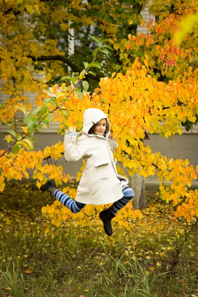 Brunette meisje met een lichte vacht met een kap in gele herfst laat — Stockfoto