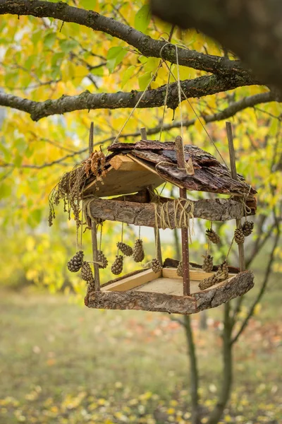 Alimentadores de aves decorados con conos de pino colgados de un árbol —  Fotos de Stock