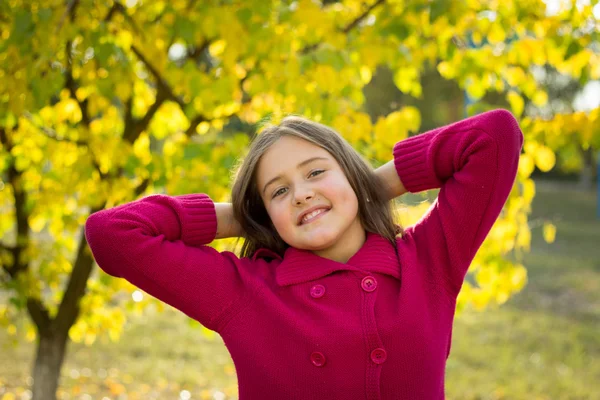 Ragazza bruna con i capelli lunghi in maglione rosso in autunno foglie — Foto Stock