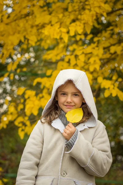 Brunette meisje met een lichte vacht met een kap in gele herfst laat — Stockfoto