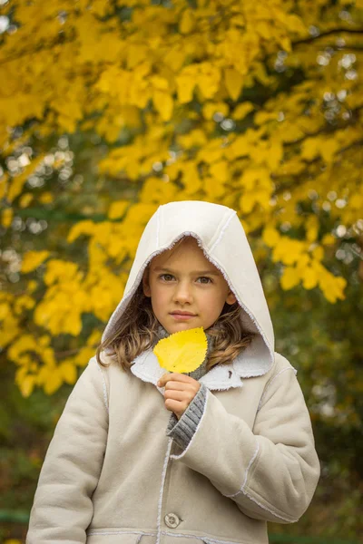 Brünettes Mädchen im hellen Mantel mit Kapuze im gelben Herbsturlaub — Stockfoto