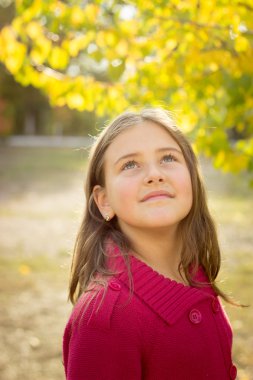 sonbaharın kırmızı kazaklı uzun saçlı esmer kız bırakır