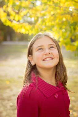 sonbaharın kırmızı kazaklı uzun saçlı esmer kız bırakır