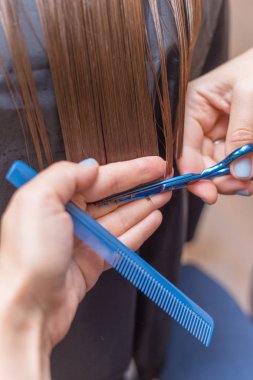 Saç kesimi ve çok renkli ipliklerini birikmesi