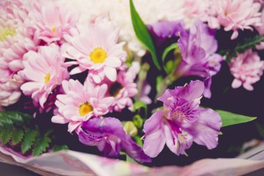 Mor ve beyaz kasımpatı ve asteria buket yakın çekim