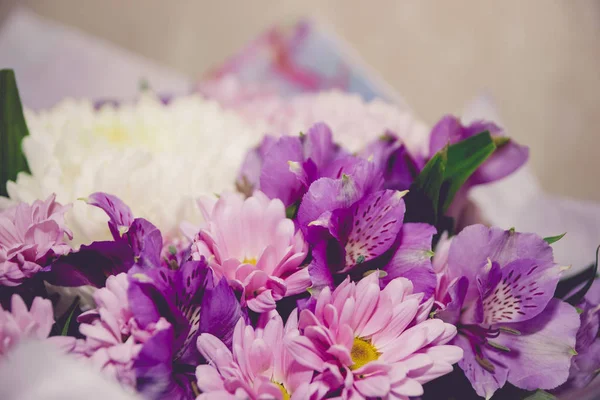 Crisântemos roxo e branco e asteria bouquet tonificado imagem — Fotografia de Stock