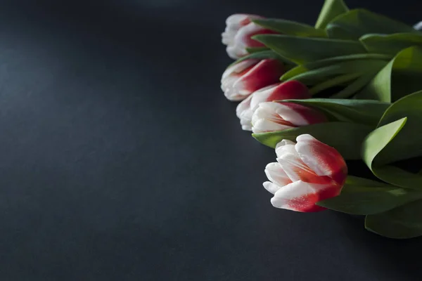Bouquet Tulipes Roses Blanches Plat Posé Sur Fond Noir Tulipes — Photo