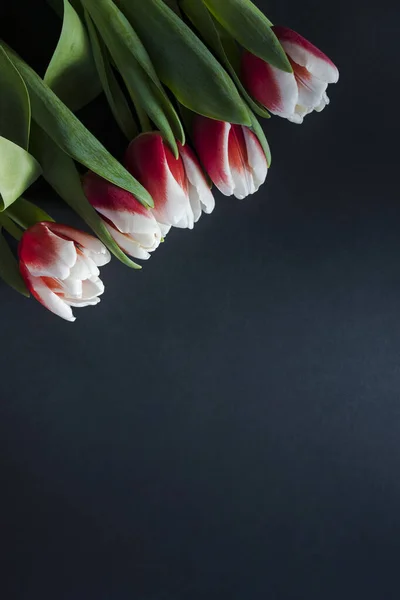Bouquet Tulipes Roses Blanches Plat Posé Sur Fond Noir Tulipes — Photo