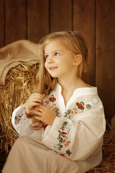 Schattig klein Europees meisje op de houten achtergrond — Stockfoto