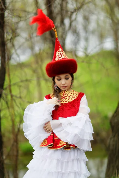 Ulusal Elbiseli Güzel Kazak Kadın — Stok fotoğraf