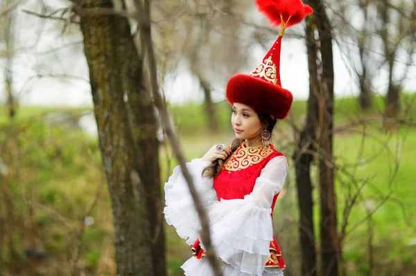Ulusal Elbiseli Güzel Kazak Kadın — Stok fotoğraf