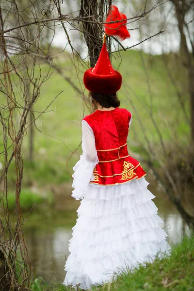 Ulusal Elbiseli Güzel Kazak Kadın — Stok fotoğraf