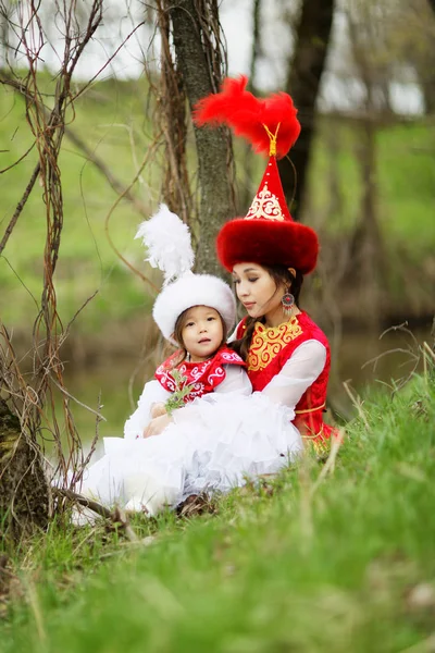 Kazakh People National Costumes Woman Daughter Park — Stock Photo, Image
