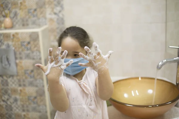 Pretty Little Asian Kazakh Girl Mask Washing Her Hands Person — Stock Photo, Image