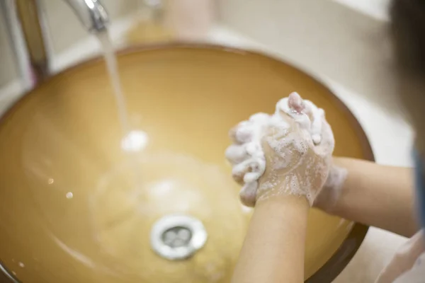 Pretty Little Asian Kazakh Girl Mask Washing Her Hands Person — Stock Photo, Image