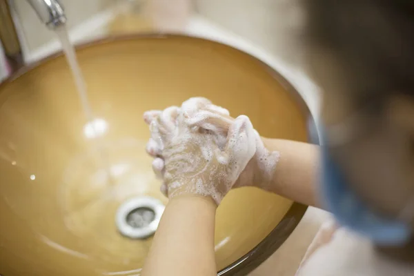 Pretty Little Asian Kazakh Girl Mask Washing Her Hands Person — Stock Photo, Image