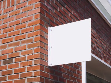 Beyaz metal tabela dükkanını sahte imza tuğla duvar ekranda 