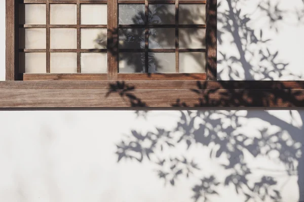 Árbol Sombra luz del sol en la pared de madera ventana Fondo — Foto de Stock