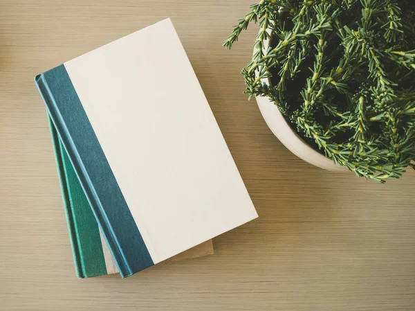 Cubierta del libro Plantilla simulada en la mesa con decoración de plantas — Foto de Stock