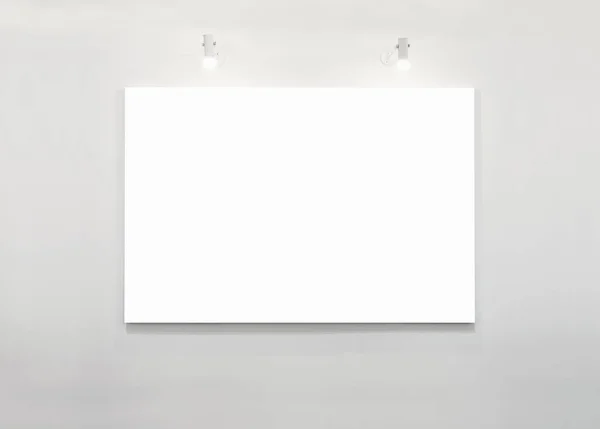 Banner de cartaz em branco na parede branca com exibição de exposição de iluminação — Fotografia de Stock