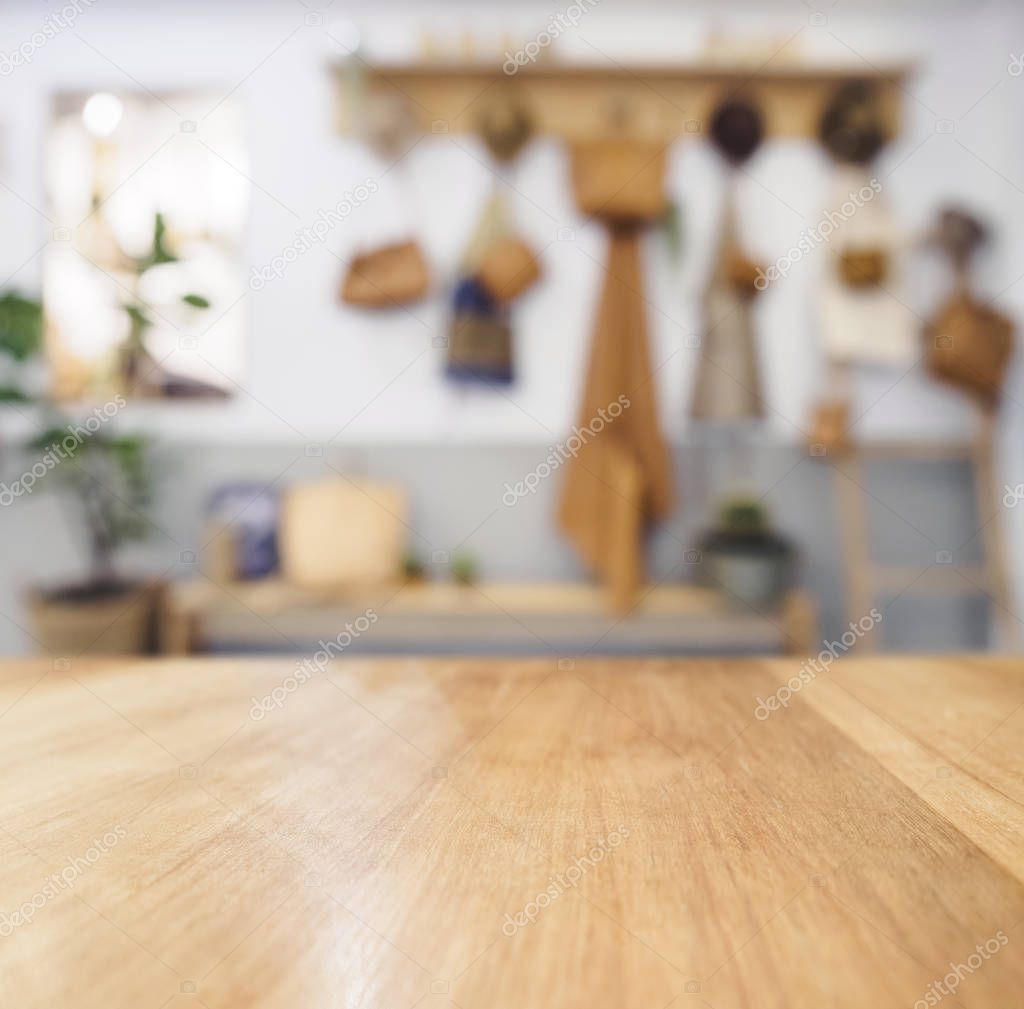 Table top Wooden counter Blurred Kitchen Background Natural Country