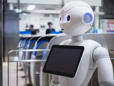 KANAZAWA, JAPAN - APR 11, 2017 : Pepper Robot Assistant with Information screen Soft bank robot clipart