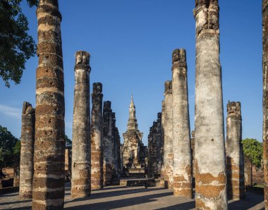 Sukhothai tarihi Park dünya mirası Tayland Pagoda mimari sütunları perspektif