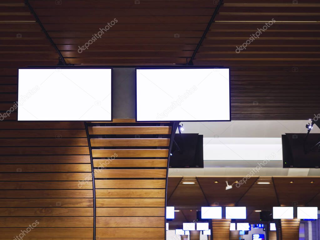 Mock up tv Digital screen Blank frame interior Airport check in counter 