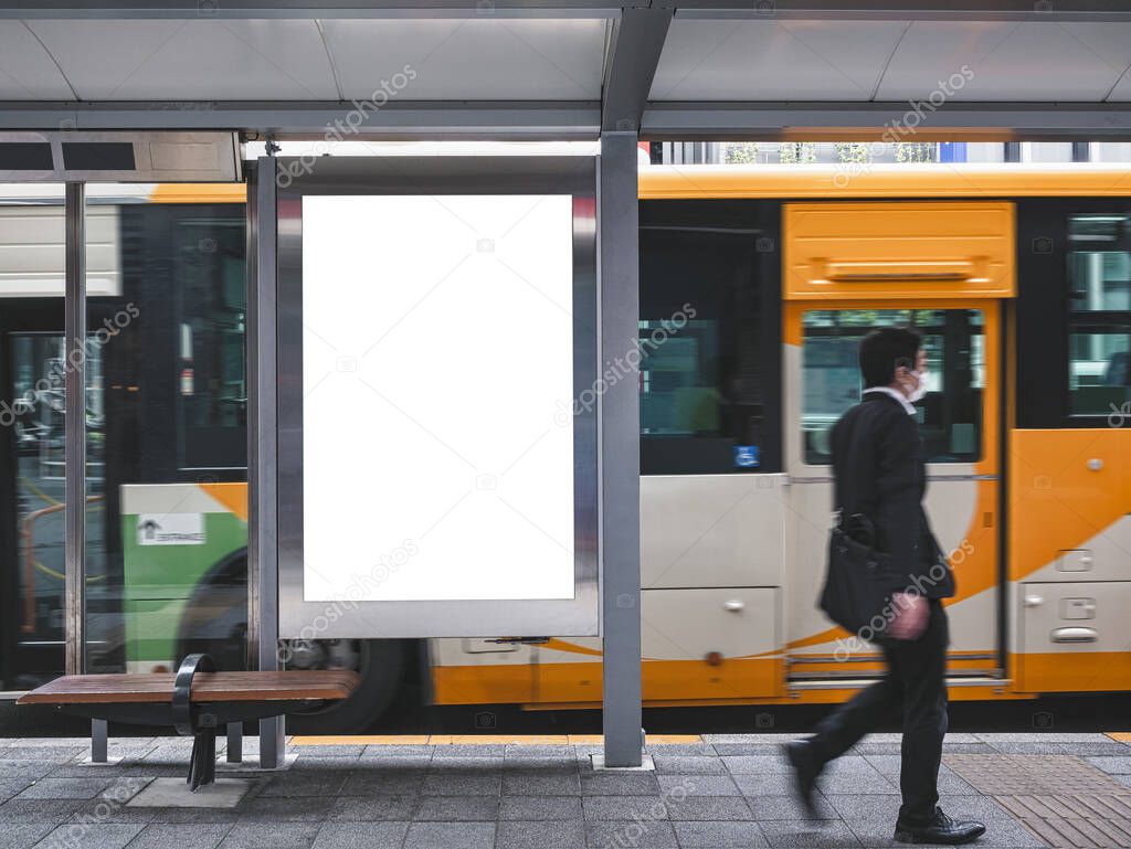 Mock up Billboard Banner template at Bus Shelter Media outdoor street Sign display with Business people