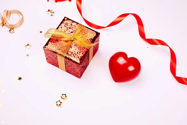 Red Gift Box Gold Bow Red Ribbon White Background Valentine — Stock Photo, Image