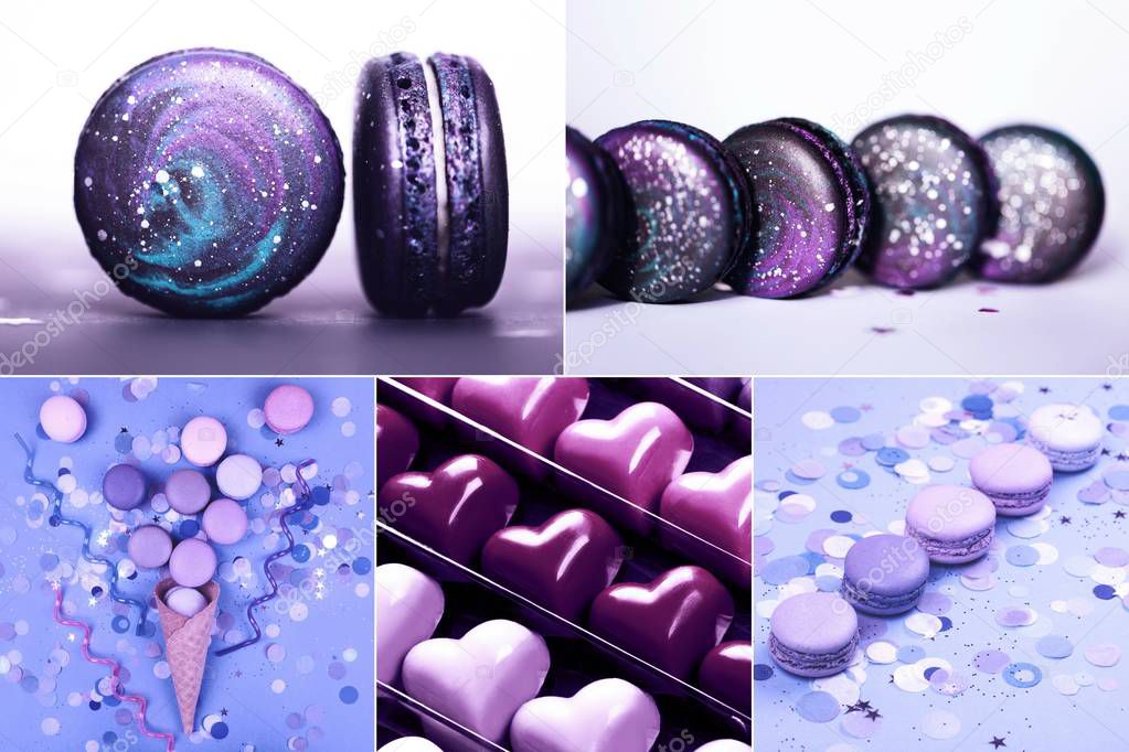 Collage with Ultra Violet sweets, macarons and confetti. Five images in one.