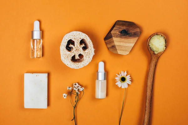 Natural zero waste cosmetics on orange background — Stock Photo, Image