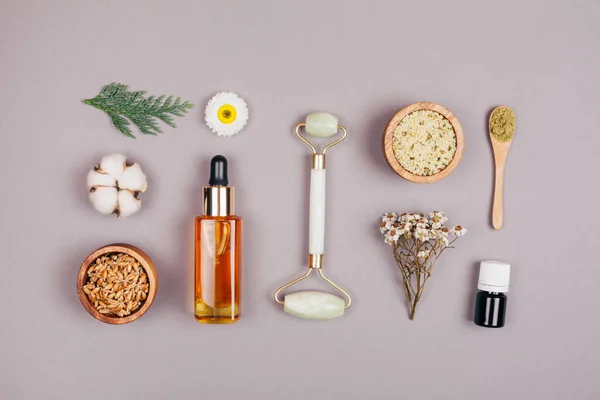 Cosméticos Modernos Acessórios Ingredientes Flat Lay Estilo — Fotografia de Stock