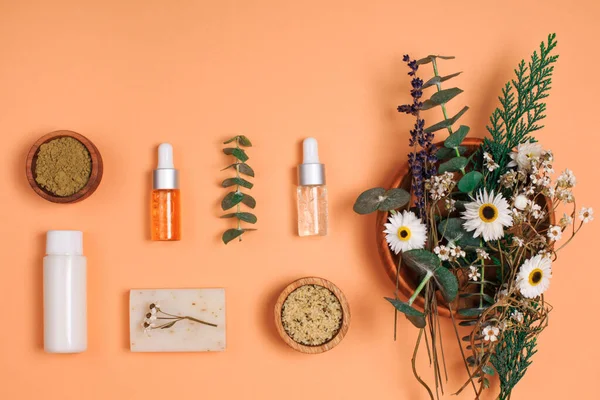 Modern Apothecary Concept Herbs Collagen Essential Oils Still Life Compositions — Stock Photo, Image