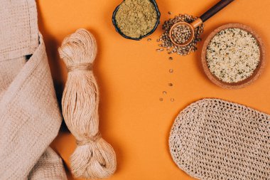 Kenevir için farklı kullanım şekilleri. Tekstil lif endüstrisi. Sıfır atık yaşam konsepti.