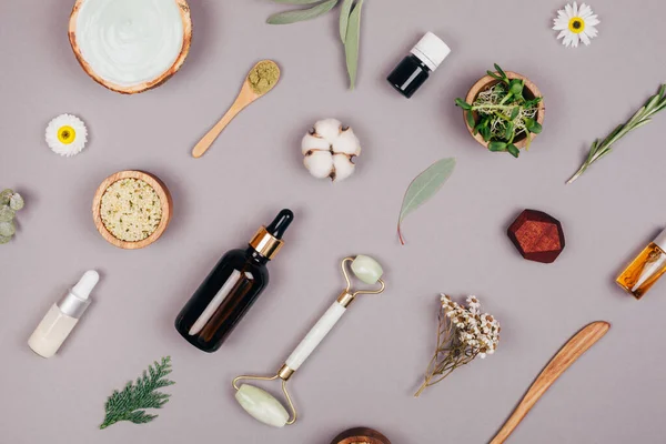 Cosmetica Natuurlijke Ingrediënten Voor Een Gezonde Huid Gezicht Patroon Platte — Stockfoto