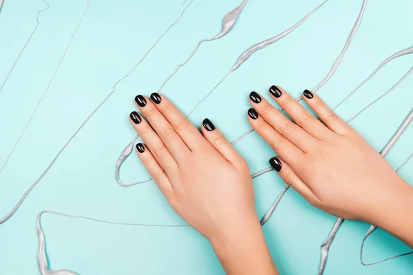 Black Manicure Creative Blue Pastel Background Flat Lay Style — Stock Photo, Image